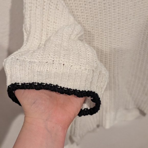 Loft Cotton White Open Knit Sweater with Black Trim Oversized Small - Picture 2 of 5